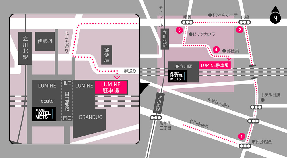 立川駅周辺から駐車場までのアクセス